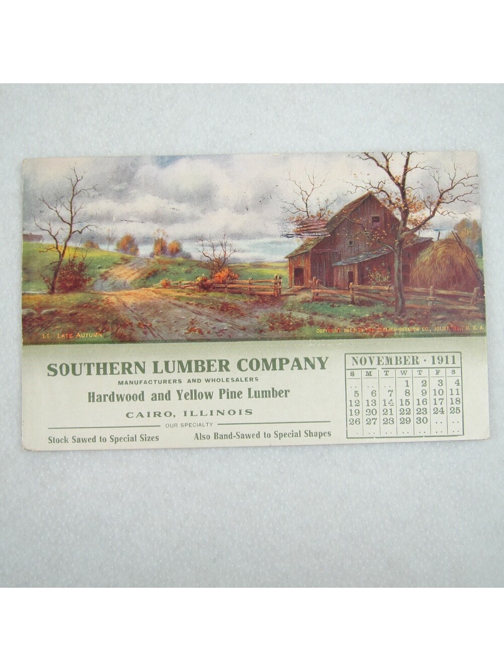 Antique 1911 Calendar Advertising Postcard Southern Lumber Illinois Autumn Barn
